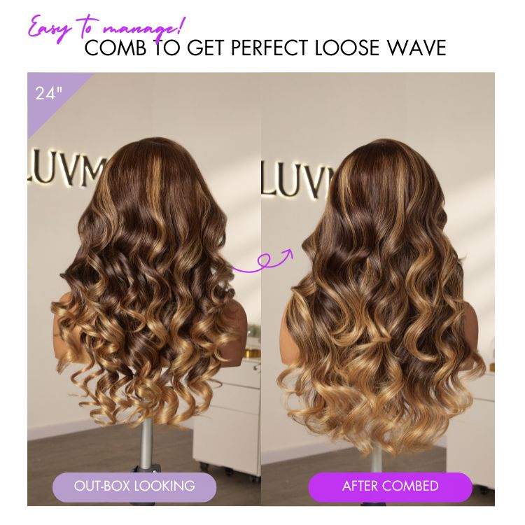 Halo Hair Style All-Day Comfort Wig 180% Density Sun-Kissed Blonde Ombre Highlight Loose Body Wave Glueless 7x6 Closure HD Lace Wig Pre-Cut Lace