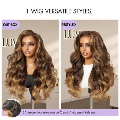 Halo Hair Style All-Day Comfort Wig 180% Density Sun-Kissed Blonde Ombre Highlight Loose Body Wave Glueless 7x6 Closure HD Lace Wig Pre-Cut Lace