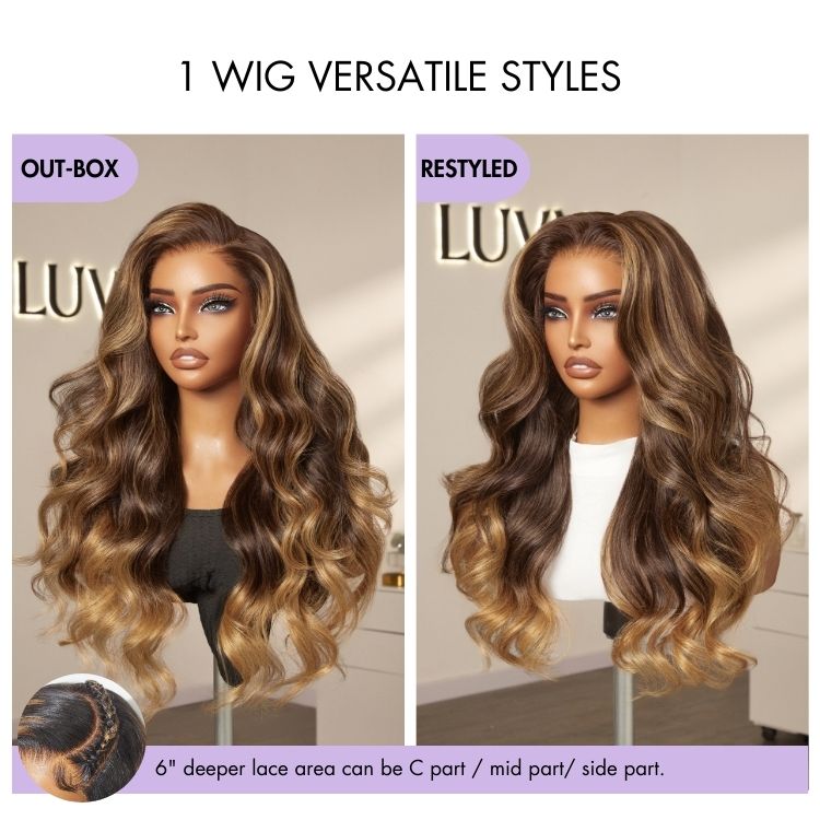 Halo Hair Style All-Day Comfort Wig 180% Density Sun-Kissed Blonde Ombre Highlight Loose Body Wave Glueless 7x6 Closure HD Lace Wig Pre-Cut Lace