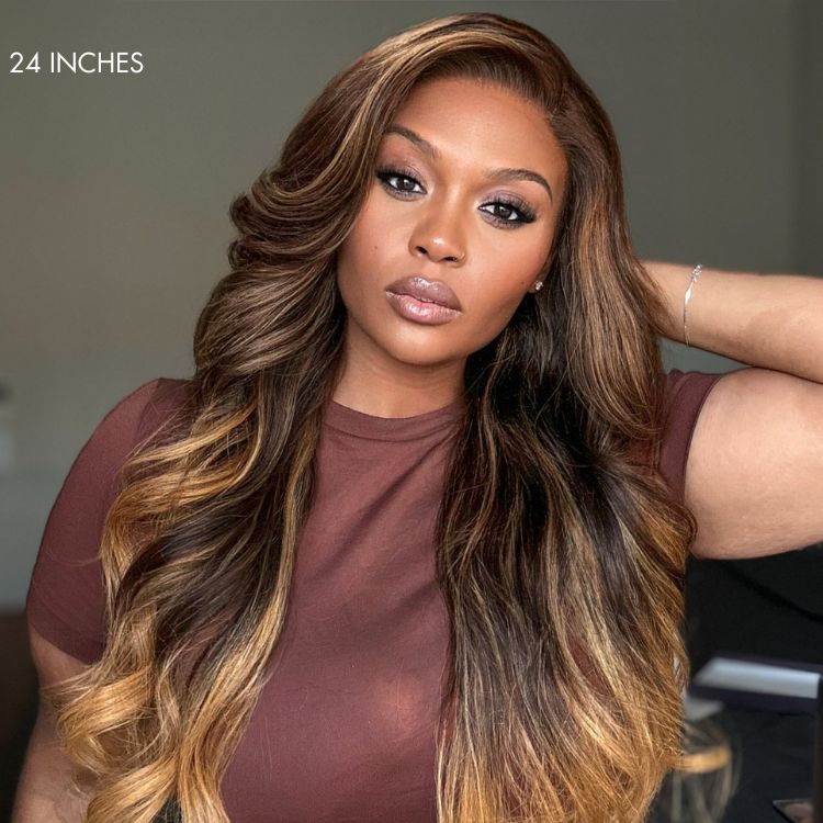 Halo Hair Style All-Day Comfort Wig 180% Density Sun-Kissed Blonde Ombre Highlight Loose Body Wave Glueless 7x6 Closure HD Lace Wig Pre-Cut Lace