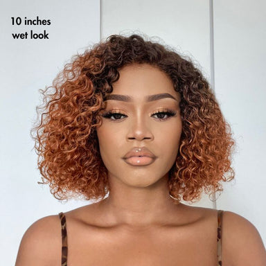 Trendy Mix Brown Short Cut Curly Minimalist HD Lace Glueless Side Part Curly Bob Wig 100% Human Hair