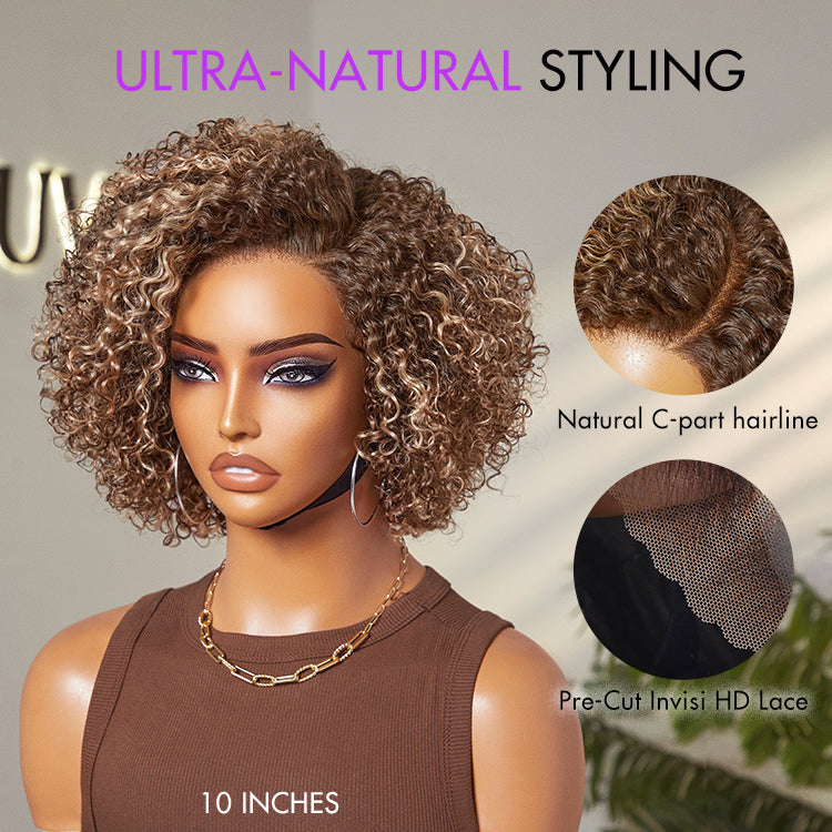 Beginner Friendly Ash Blonde Highlight Short Kinky Curly Wig Minimalist HD Lace Wig Pre-Cut Lace - US Only