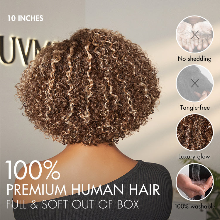 Beginner Friendly Ash Blonde Highlight Short Kinky Curly Wig Minimalist HD Lace Wig Pre-Cut Lace - US Only
