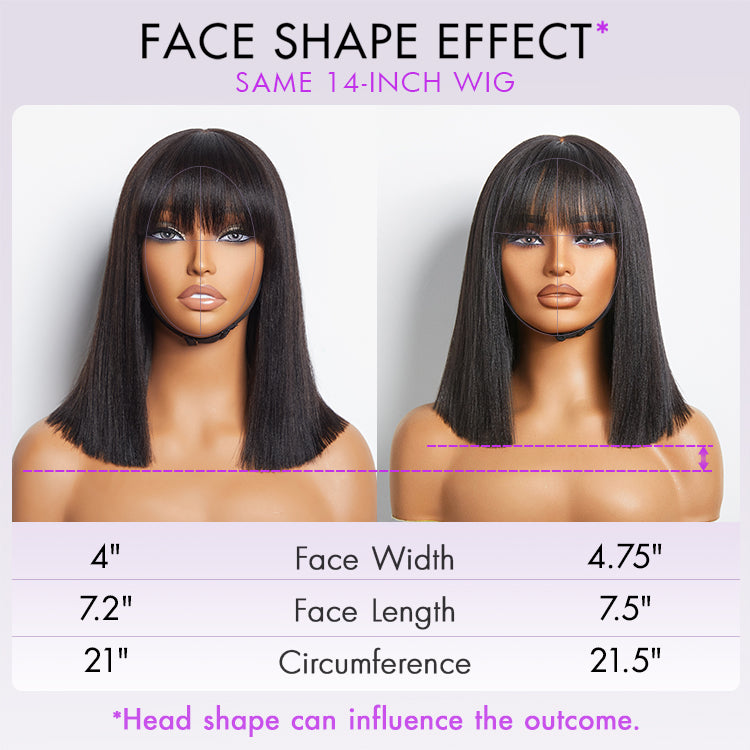 Weekly Special | Put On and Go Realistic Glueless Yaki Straight Bob with Bangs Minimalist Lace Wig 100% Human Hair