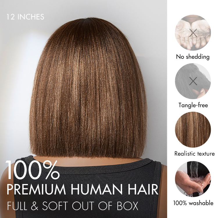 New Customers Only | Ash Blonde Highlights Yaki Blunt Cut Bob Wig with Bangs Glueless Minimalist Lace Short Wig Breathable Cap