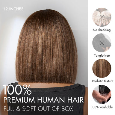 New Customers Only | Ash Blonde Highlights Yaki Blunt Cut Bob Wig with Bangs Glueless Minimalist Lace Short Wig Breathable Cap