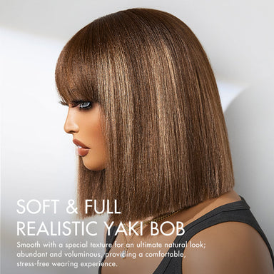 Tiktok Exclusive Deal | Put On and Go Realistic Glueless Yaki Straight Bob with Bangs Minimalist Lace Wig 100% Human Hair