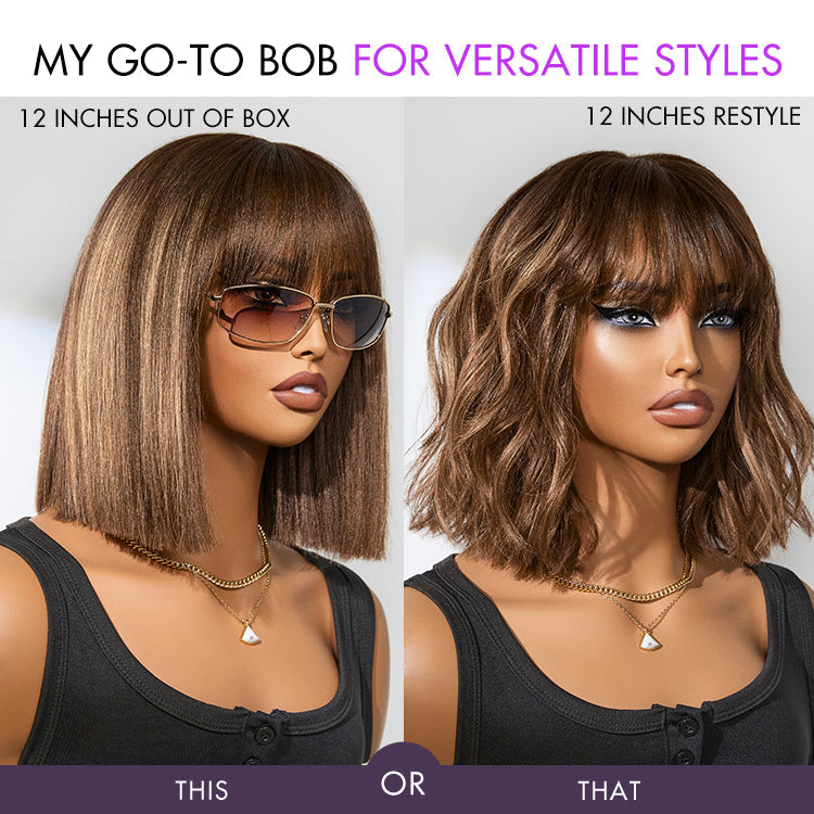 New Customers Only | Put On and Go Realistic Glueless Yaki Straight Bob with Bangs Minimalist Lace Wig 100% Human Hair