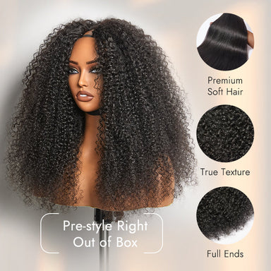 Melted Hair 180% Natural Black Kinky Curly Wig Glueless V Part Wig – Style 6170