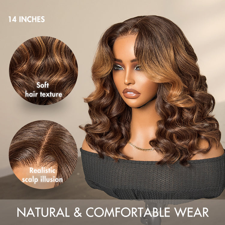 Halo Hair Style Hair 180% Density Elegant Chocolate Brown Loose Wave Minimalist HD Lace Glueless Wig Pre-Cut Lace - US Only
