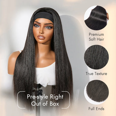 Halo Hair Style Too Easy Texture Wig 180% Density Yaki Straight Glueless Headband Wig Flexi-Fit Drawstring (Get Free Trendy Headbands)