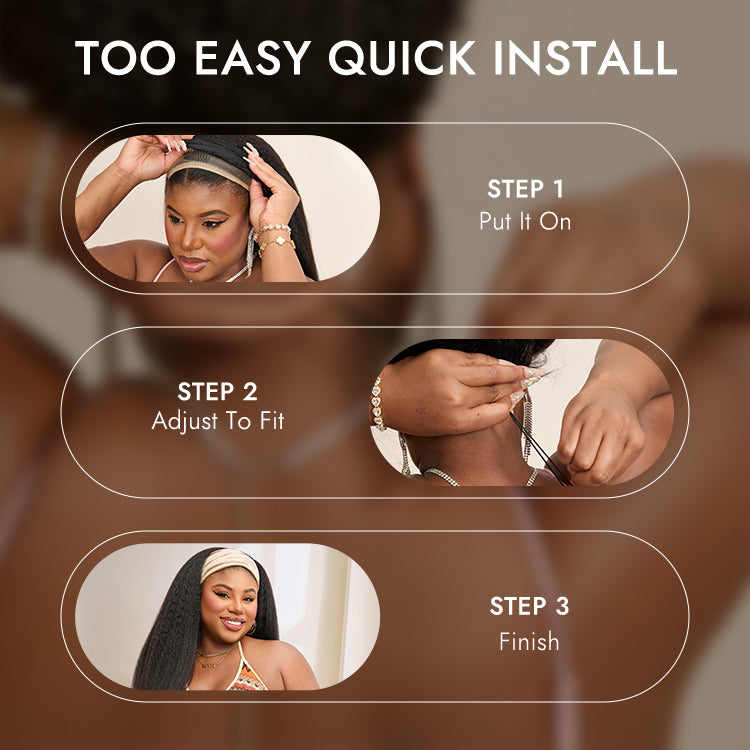 Halo Hair Style Too Easy Texture Wig 180% Density Yaki Straight Glueless Headband Wig Flexi-Fit Drawstring (Get Free Trendy Headbands)