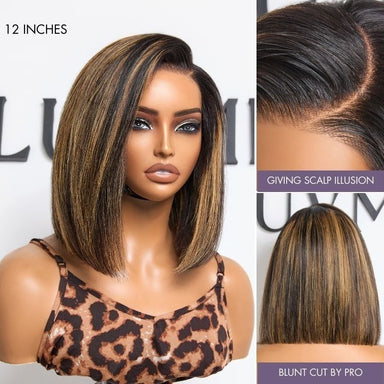 Halo Hair Style All-Day Comfort Wig Brown Highlight Blunt Cut Bob Glueless Minimalist HD Lace Wig Pre-Cut Lace