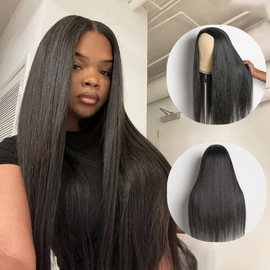Halo Hair Style Too Easy Texture Wig 180% Density Yaki Straight Glueless Flexi-Fit Drawstring 3-In-1 Half Wig Human Hair