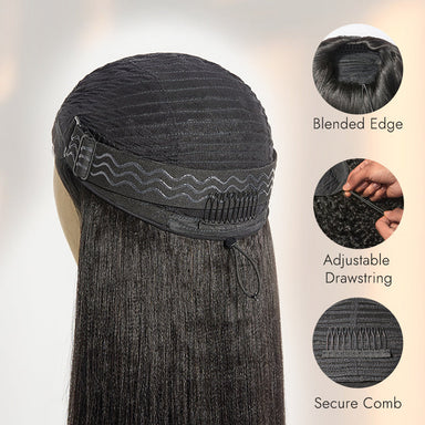 Halo Hair Style Too Easy Texture Wig 180% Density Yaki Straight Glueless Flexi-Fit Drawstring 3-In-1 Half Wig Human Hair