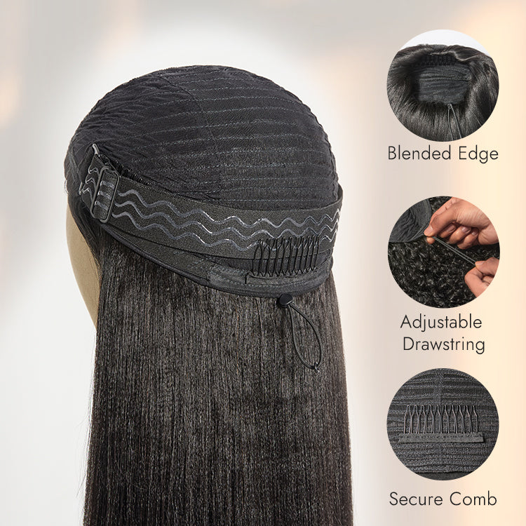 Halo Hair Style Too Easy Texture Wig 180% Density Yaki Straight Glueless Flexi-Fit Drawstring 3-In-1 Half Wig Human Hair
