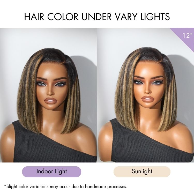 Halo Hair Style All-Day Comfort Wig Blonde Highlight Blunt Cut Bob Glueless Minimalist HD Lace Short Bob Wig Pre-Cut Lace