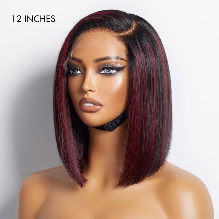 Dark Red Highlights Silky Blunt Cut C Part Glueless Minimalist HD Lace Bob Wig Beginner Friendly - US Only