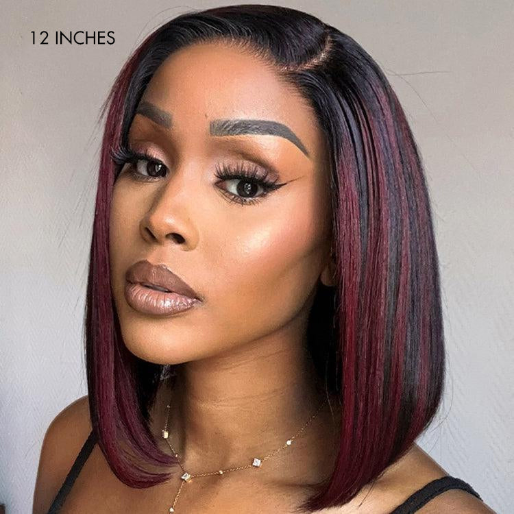 Dark Red Highlights Silky Blunt Cut C Part Glueless Minimalist HD Lace Bob Wig Beginner Friendly - US Only