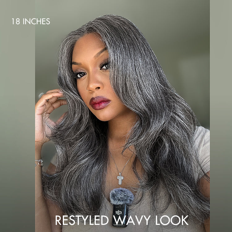 Halo Hair Style Hair 180% Density Salt and Pepper Straight Glueless Minimalist HD Lace T Part Grey Wig Pre-Cut Lace
