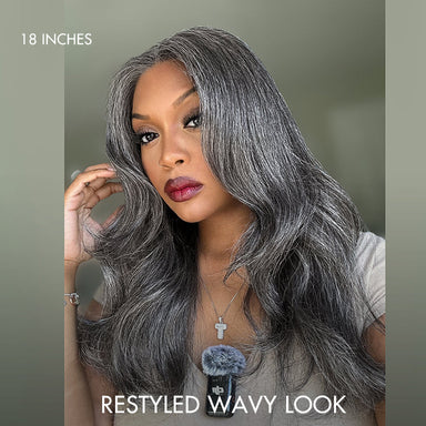 Halo Hair Style Hair 180% Density Salt and Pepper Straight Glueless Minimalist HD Lace T Part Grey Wig Pre-Cut Lace
