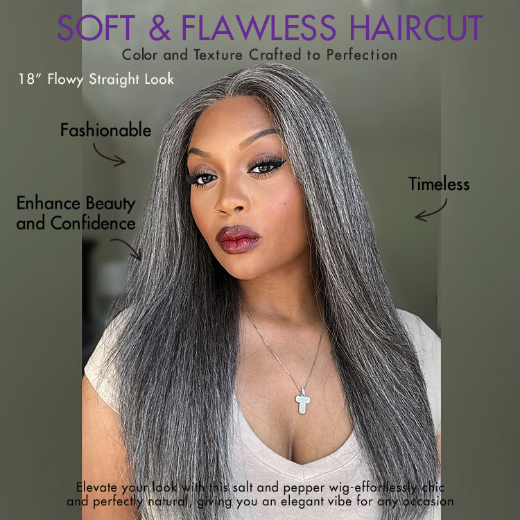 Halo Hair Style Hair 180% Density Salt and Pepper Straight Glueless Minimalist HD Lace T Part Grey Wig Pre-Cut Lace