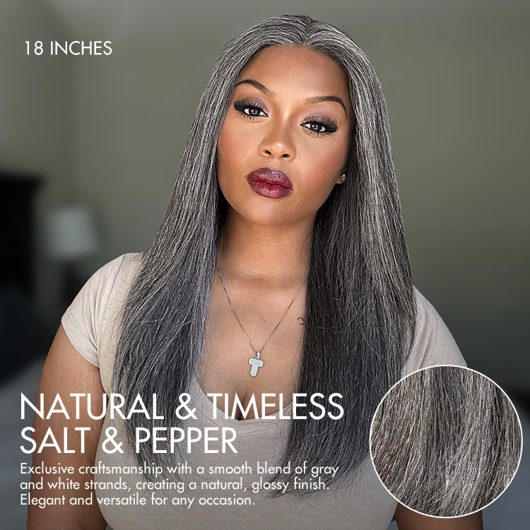 Halo Hair Style Hair 180% Density Salt and Pepper Straight Glueless Minimalist HD Lace T Part Grey Wig Pre-Cut Lace