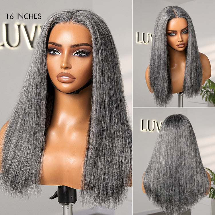 Halo Hair Style Hair 180% Density Salt and Pepper Straight Glueless Minimalist HD Lace T Part Grey Wig Pre-Cut Lace