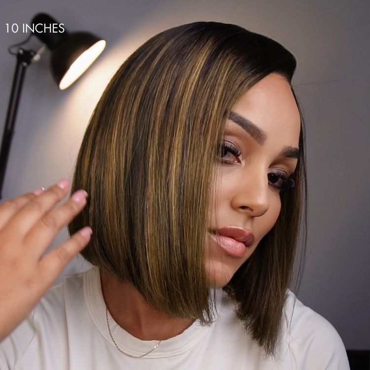 Halo Hair Style All-Day Comfort Wig Brown Highlight Blunt Cut Bob Glueless Minimalist HD Lace Wig Pre-Cut Lace