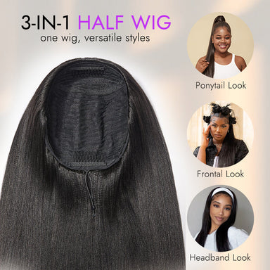 Halo Hair Style Too Easy Texture Wig 180% Density Yaki Straight Glueless Flexi-Fit Drawstring 3-In-1 Half Wig Human Hair