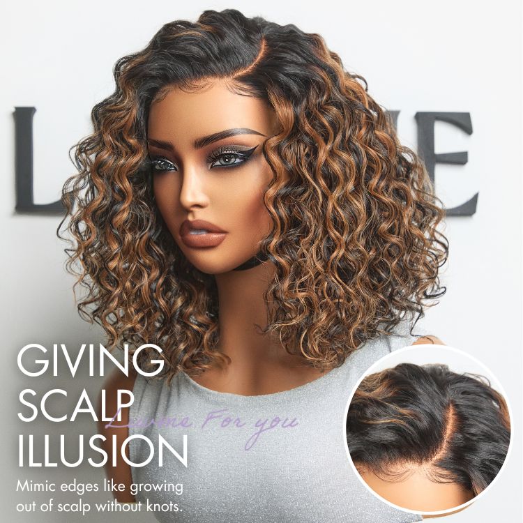 Halo Hair Style All-Day Comfort Wig Brown Highlight Deep Wave Glueless Minimalist HD Lace Curly Wig Pre-Cut Lace