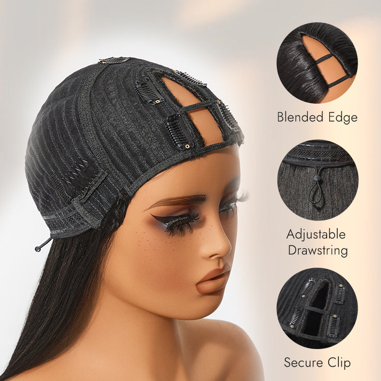 Halo Hair Style Too Easy Texture 180% Density Yaki Straight Glueless V Part Flexi-Fit Drawstring Wig Beginner Friendly