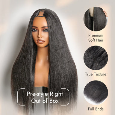 Halo Hair Style Too Easy Texture 180% Density Yaki Straight Glueless V Part Flexi-Fit Drawstring Wig Beginner Friendly
