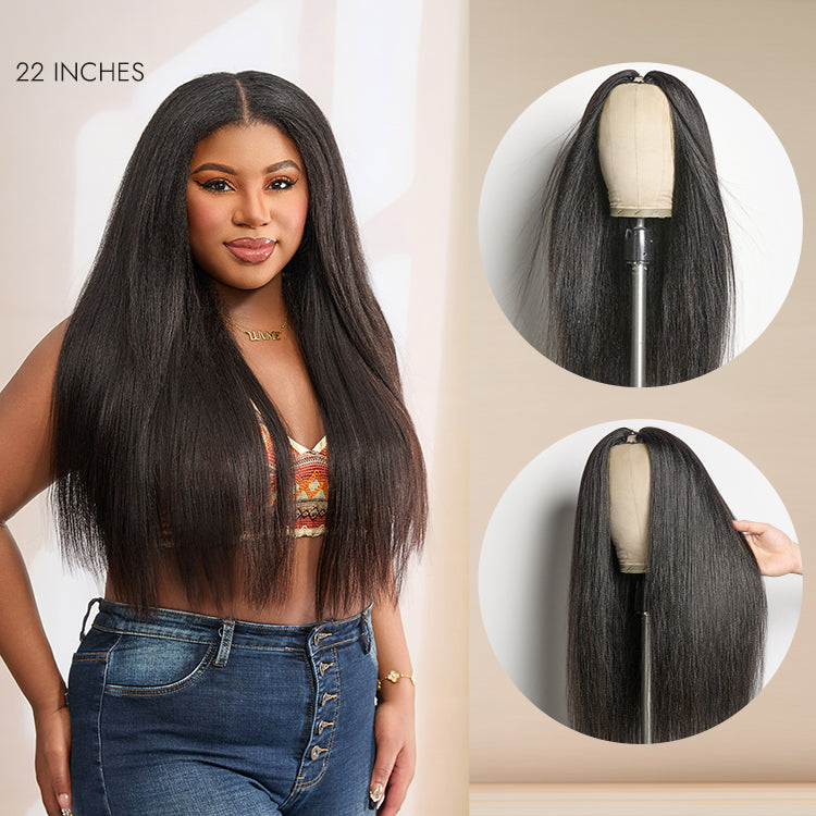 Halo Hair Style Too Easy Texture 180% Density Yaki Straight Glueless V Part Flexi-Fit Drawstring Wig Beginner Friendly
