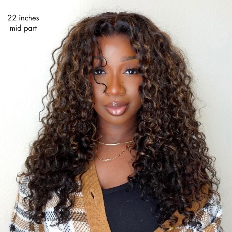 New Customers Only | Halo Hair Style All-Day Comfort Wig PartingMax Brown Highlights Funmi Curly 7x6 Closure HD Lace Glueless Wig Pre Cut Lace