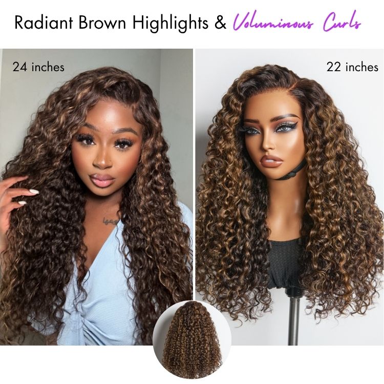New Customers Only | Halo Hair Style All-Day Comfort Wig PartingMax Brown Highlights Funmi Curly 7x6 Closure HD Lace Glueless Wig Pre Cut Lace