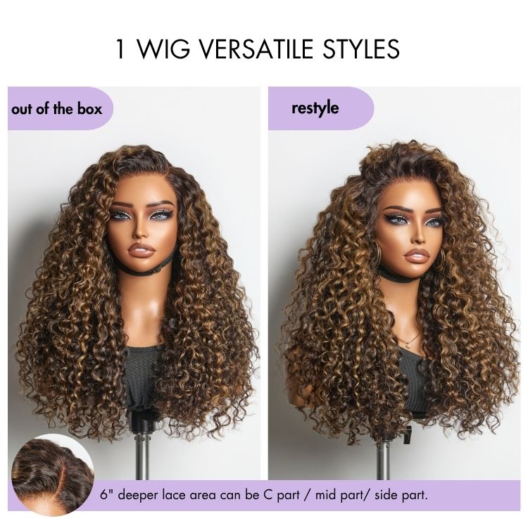 New Customers Only | Halo Hair Style All-Day Comfort Wig PartingMax Brown Highlights Funmi Curly 7x6 Closure HD Lace Glueless Wig Pre Cut Lace