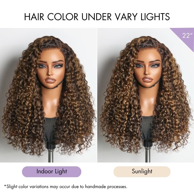 New Customers Only | Halo Hair Style All-Day Comfort Wig PartingMax Brown Highlights Funmi Curly 7x6 Closure HD Lace Glueless Wig Pre Cut Lace