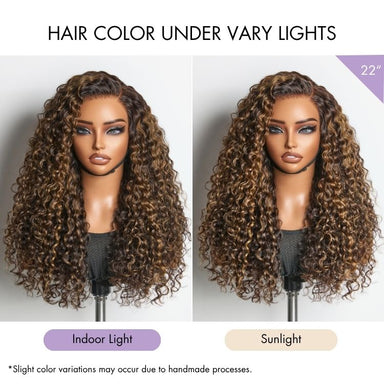New Customers Only | Halo Hair Style All-Day Comfort Wig PartingMax Brown Highlights Funmi Curly 7x6 Closure HD Lace Glueless Wig Pre Cut Lace