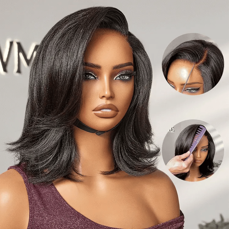 Natural Look Yaki Texture Layered Bangs Bob Wig Glueless Minimalist HD Lace Human Hair Wig Pre-Cut Lace