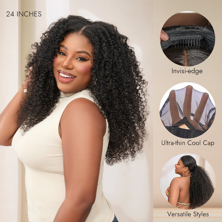New Customers Only | Halo Hair Style Too Easy Texture 3-In-1 Half Wig Kinky Curly / Yaki Straight / Messy Burmese Curly Glueless Flexi-Fit Drawstring Wig