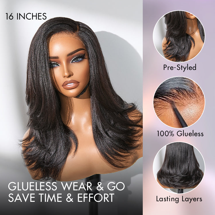 Natural Look Yaki Texture Layered Bangs Bob Wig Glueless Minimalist HD Lace Human Hair Wig Pre-Cut Lace