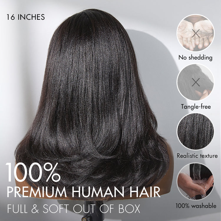 Natural Look Yaki Texture Layered Bangs Bob Wig Glueless Minimalist HD Lace Human Hair Wig Pre-Cut Lace