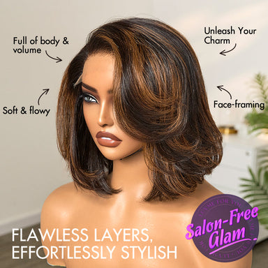 Trendy Brown Highlight Layered Bob Blowout Glueless 5x5 Lace Closure Wig 100% Human Hair Pre-Cut Lace