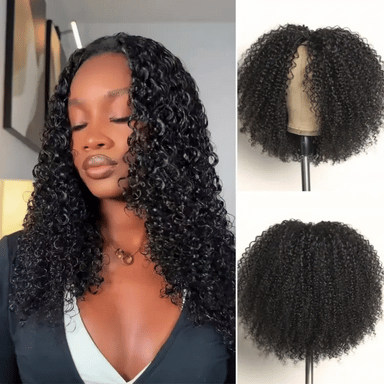 Melted Hair 180% Natural Black Kinky Curly Wig Glueless V Part Wig – Style 6170