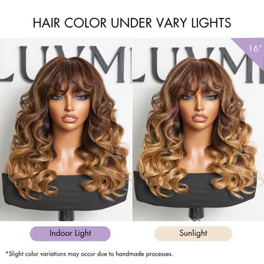 Halo Hair Style All-Day Comfort Wig 180% Density Ombre Blonde Highlight Loose Body Wave Glueless 7x6 Closure HD Lace Human Hair Wig with Bangs Pre-Cut Lace
