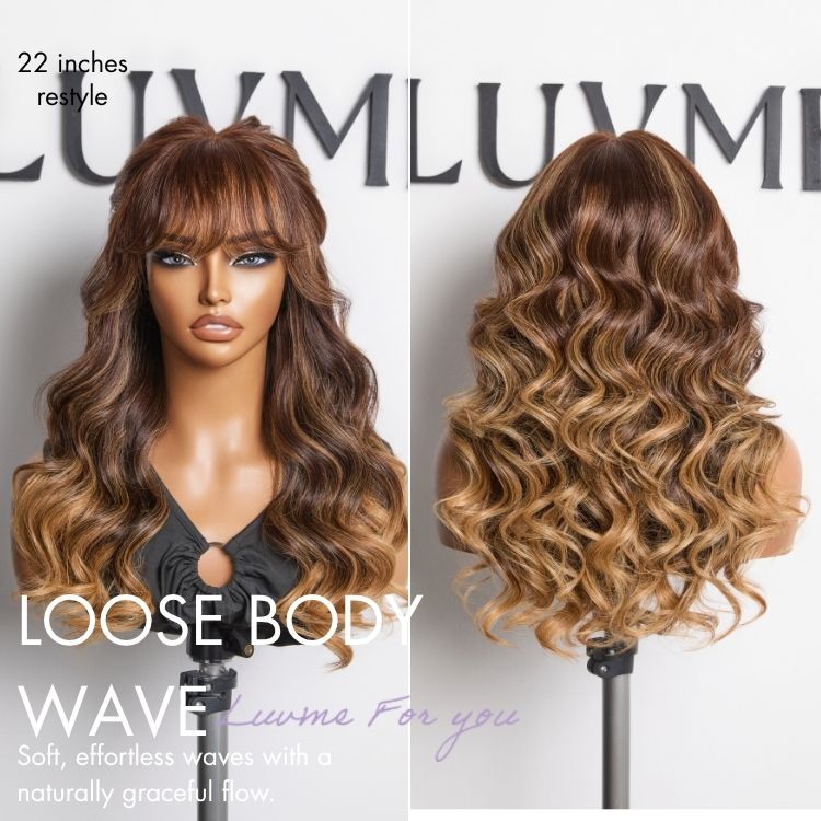 Halo Hair Style All-Day Comfort Wig 180% Density Loose Body Wave Glueless 7x6 Closure HD Lace Human Hair Wig with Bangs Pre-Cut Lace