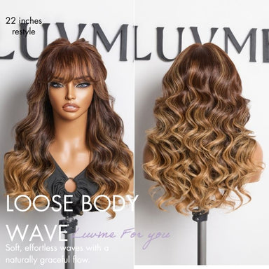 Halo Hair Style All-Day Comfort Wig 180% Density Loose Body Wave Glueless 7x6 Closure HD Lace Human Hair Wig with Bangs Pre-Cut Lace