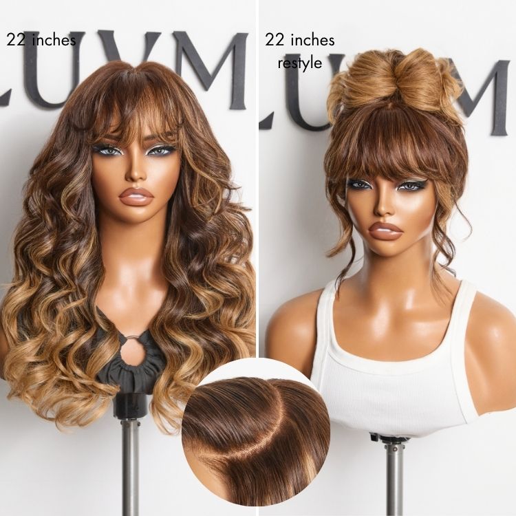 Halo Hair Style All-Day Comfort Wig 180% Density Loose Body Wave Glueless 7x6 Closure HD Lace Human Hair Wig with Bangs Pre-Cut Lace