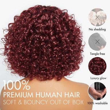 Beginner Friendly Dark Red Water Wave Glueless Minimalist Lace Curly Wig with Bangs